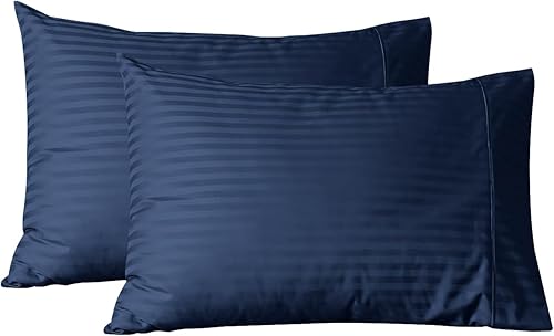 Miniatura 2 de Feather & Stitch Juego de 2 piezas de fundas de almohada, tamaño King, azul oscuro, 100% algodón damasco a rayas, 500 hilos, 20 x 40 pulgadas, satén