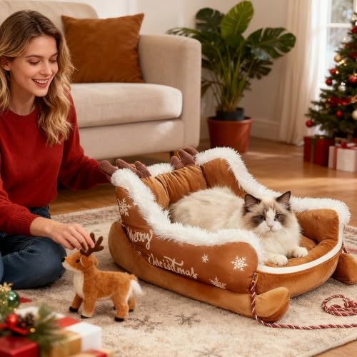Hundebett, waschbar, rutschfestes Sofa mit Zugseil, Plüschbett für Katzen, für Welpen, Katzen, für drinnen und draußen, Wohnzimmer, Balkon, Winter-2