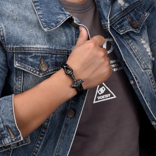Men Leather Braided Viking Bracelet,Thor's Braided Wristband Gothic Punk Cuff Stainless Steel Buckle Bracelet for Men,21CM/8.2"2