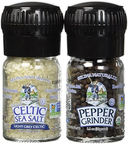 Celtic Sea Salt Organic Peppercorn and Light Grey Celtic Sea Salt Mini Grinders, 2.9 Ounces – Reusable, Refillable Glass Grinders with Additive-Free, Delicious Sea Salt and Peppercorn
