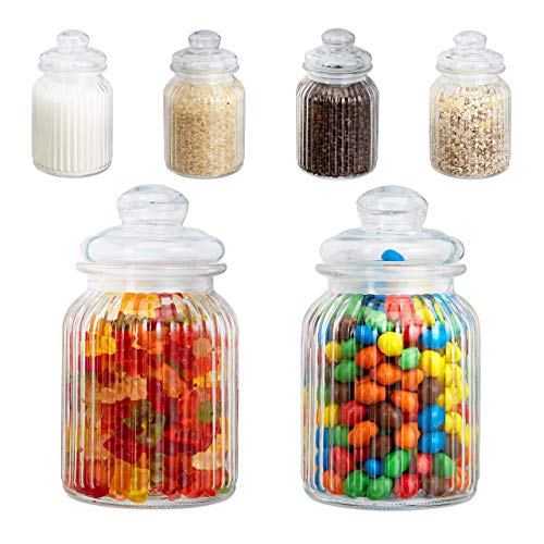 Relaxdays lot de 6 bocaux en verre, 1000ml, couvercle, pour aliments dans la cuisine, candy bar, hermétique, transparent