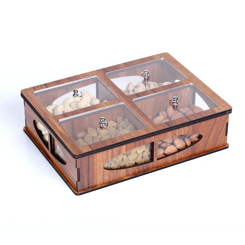 Decorative Dry Fruit Container Box, Mukhwas Box for Home and Office Decoration and Festive Gifting | 4 Compartment Gifting Box Made with Acrylic Leads and MDF