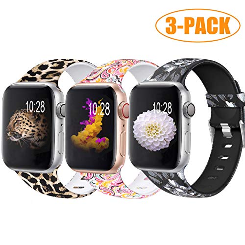 Zekapu Correa Compatible con Apple Watch 38mm 42mm 40mm 44mm para Mujer Hombres, Durable Impermeable Modelo Impreso Silicona Reemplazo Correa, Leopardo/Vistoso Nube/Gris Flor