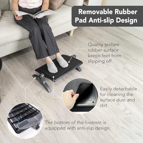 EHO Ottoman, Ergonomic Foot Rest for Under Desk, Adjustable Height and Angle, Rubber Platform, Anti-Slip, Ankle Support, Detachable Washable Cushion, Back and Leg Pain Relief, 21.6"L x 11.4"W, Black by EHO - Image 5