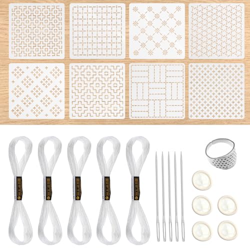 24Pcs Plastic Sashiko Stencil Kit with Sashiko Thimble and Needles