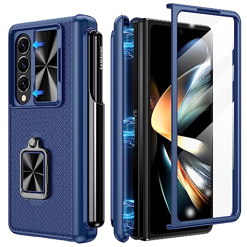 Doeshine for Samsung Galaxy Z Fold 4 Case with S Pen Holder & 360° Ring Kickstand, Slide Camera Cover, Front Screen Protector, Magnetic Hinge Protection, Heavy Duty Shockproof Protective Cover (Blue)