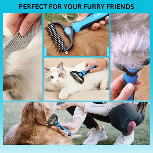 Image of Candure Pet Friendly Dog Brush for Shedding & Effective Hair Removal Double-Sided Dematting Comb for Dogs & Cats Hair Brush for Shedding - Undercoat Rake for Dogs with Comb (Large, Blue)