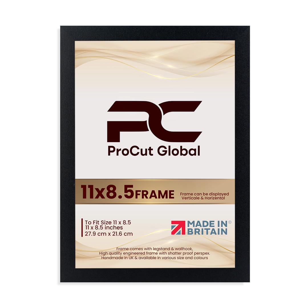 Procut Global 11X8.5 Black Picture Frames – Sleek Wooden Photo Frame with Shatterproof Perspex for Wall or Tabletop – Perfect for Posters, Certificates, Prints–Multiple Sizes & Colors Available