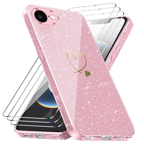 Cover Compatibile con iPhone 16E / 17E, con 3 Pezzi Vetro Temperato Pellicola Protettiva, Glitter e Antimpronta Custodia, Antigraffio e Morbido Caso - Rosa