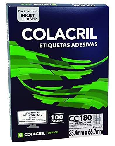 Etiqueta Adesiva Carta, 25.4 x 66.7 mm, 100 Folhas, Colacril, CC180, Branco, pacote de 3000