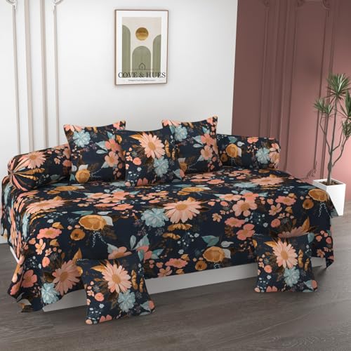 Image of COVE & HUES Cotton Diwan Set Covers |8 Pieces Diwan Cover Set|300 TC Fabric| Pure Cotton Printed Deewan Set (1 Single Bedsheet, 2 Bolster Covers, 5 Cushion Covers)|Multicolor Floral|KC 26