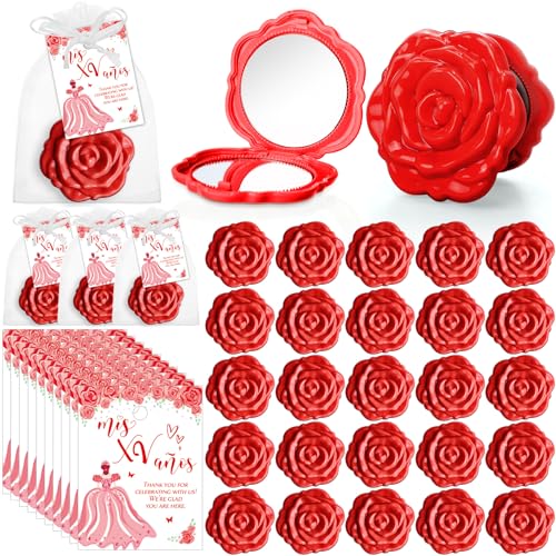 Wenqik 50 Sets Quinceanera Party Favors for Guests Rose Design Compact Pocket Mirrors Quinceanera Cards Thank You Gift and Organza Bags Sweet 15 Mis Quince Birthday Party Favor (Red)