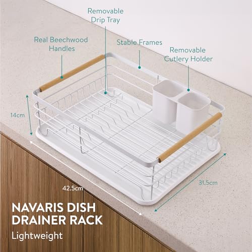 Navaris Dish Drainer Rack - Plate, Cutlery, Pots and Pans Drying Rack for Kitchen with Beechwood Handles - Modern Retro Design Drip Tray - White - Image 3