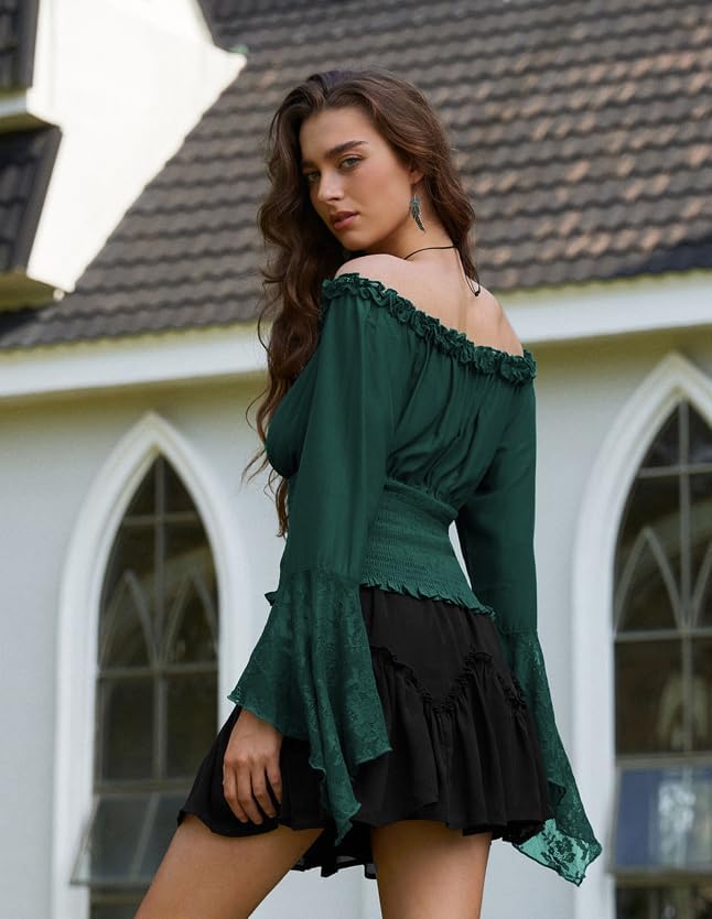 Scarlet Darkness Renaissance Shirt Women Bell Sleeve Off The Shoulder Pirate Blouse Peasant Dressy Top - Image 5