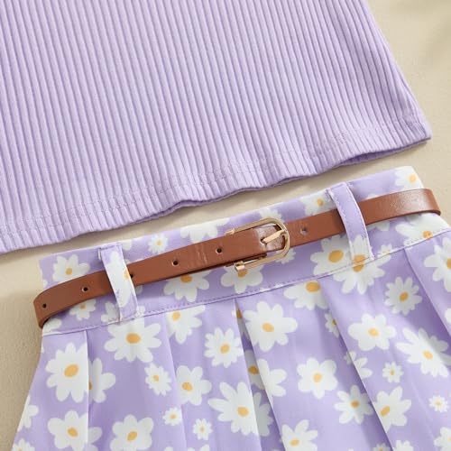 Image of BeQeuewll Toddler Baby Girl Summer Clothes Daisy Flower Girl Outfit Knit Shirt Mini Pleated Skirts Set Outfits for Grils1-4T (Purple, 3-4 Years)