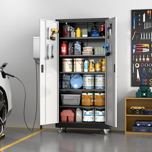 Image of Aobabo Upgraded Garage Storage Cabinets with Wheels,Metal Storage Cabinets with 5 Adjustable Shelves for Garage Home Office Storage, Black&Silver,71''H*32''W*16''D,Assembly Required