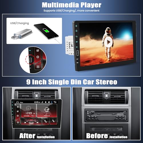 1080P Touch Screen Single Din Car Stereo,9 Inch 1 Din Car Radio with Mirror Link Bluetooth Hands-Free Call FM Radio Car Audio Support SWC USB EQ Backup Camera by OiLiehu - Image 6