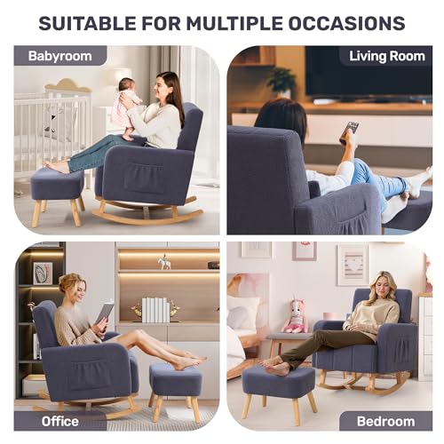Image of HCHAIRH Rocking Chair with Ottoman, Upholstered Glider Rocker with High Backrest and Side Pocket, Comfy Reading Chair with Solid Wood Legs for Nursery, Living Room,Bedroom Dark Grey