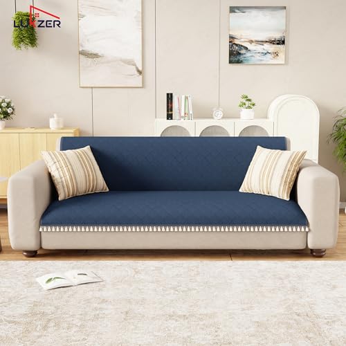 Image of Lukzer Quilted Sofa Cover Mat with Tassels for 5 Seater Sofa - Midnight Blue | Soft Washable Anti-Slip Protector for Living Room | Furniture Cover for Back-Seat Slipcover 3+1+1 Seat Cover /SC-191-5T