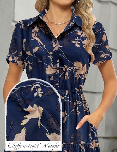 Image of Kranda Women 2026 Summer Collared V Neck Short Sleeve Button Down Chiffon Long Tiered Floral Maxi Dress with Pockets