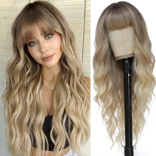 Ombre Blonde Wig with Bangs for Women Long Ombre Blonde Wavy Wigs...