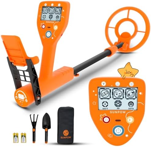 SUNPOW Metalldetektor für Kinder - 3 Modelle (All Metal/Disc/Pinpoint Mode)-Exklusive Cartoon-LCD-Anzeige, IP68 wasserdichte Spule, Unisex Design, 81-102 cm Verstellbarer Stiel 5-1
