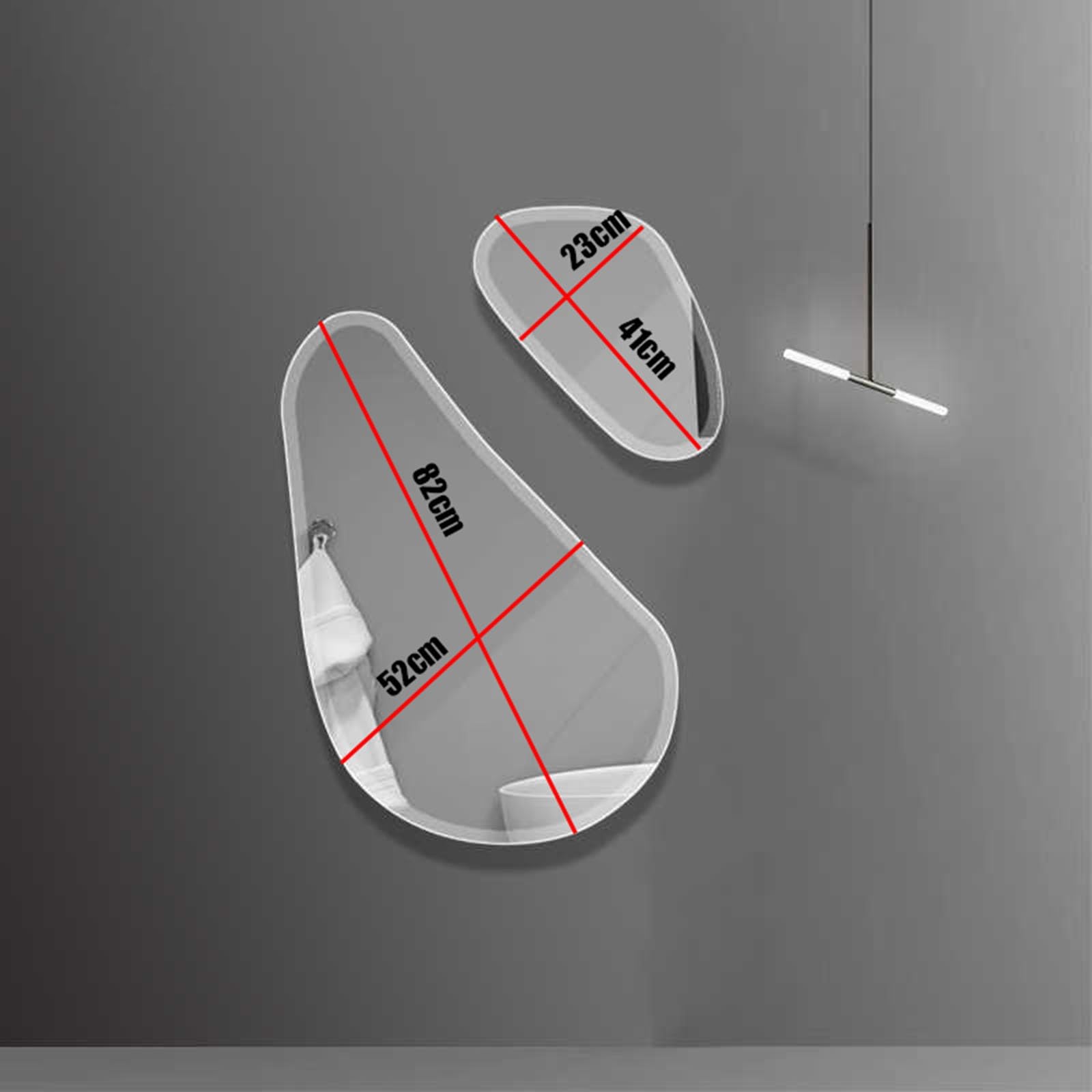 Nieoprawiony zestaw nieoprawionych luster ściennych o nieregularnym kształcie i dekoracyjnym, do łazienki, salonu, wejścia. Design HD i antywybuchowy.