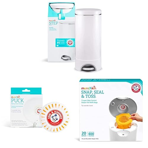 Munchkin Paquete de cubo de pañales Step  Cubo de pañales, cartuchos de bicarbonato de sodio y bolsas de repuesto para control de olores