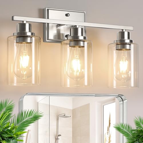 Image of Unicozin 3 Light Bathroom Light Fixtures, Modern Vanity Lights Over Mirror, Brushed Nickel Wall Lamp with Clear Glass for Living Room Cabinet Bedroom Porch