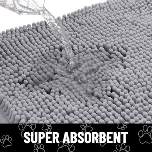 Image of Smiry Dog Door Mat for Muddy Paws, Absorbent Dirt Trapper Non Slip Quick Dry Washable Chenille Mat for Mud Dogs, Entry Rug for Indoor and Outdoor (36x24 Inches, Grey and White)