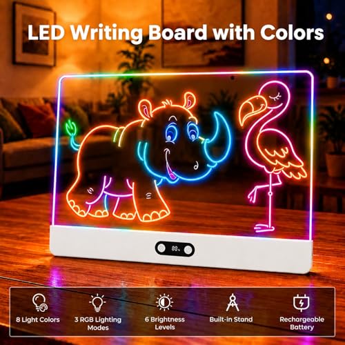 Tableau notes acrylique rechargeable à 3 modes d'éclairage LED et 8 feutres couleurs