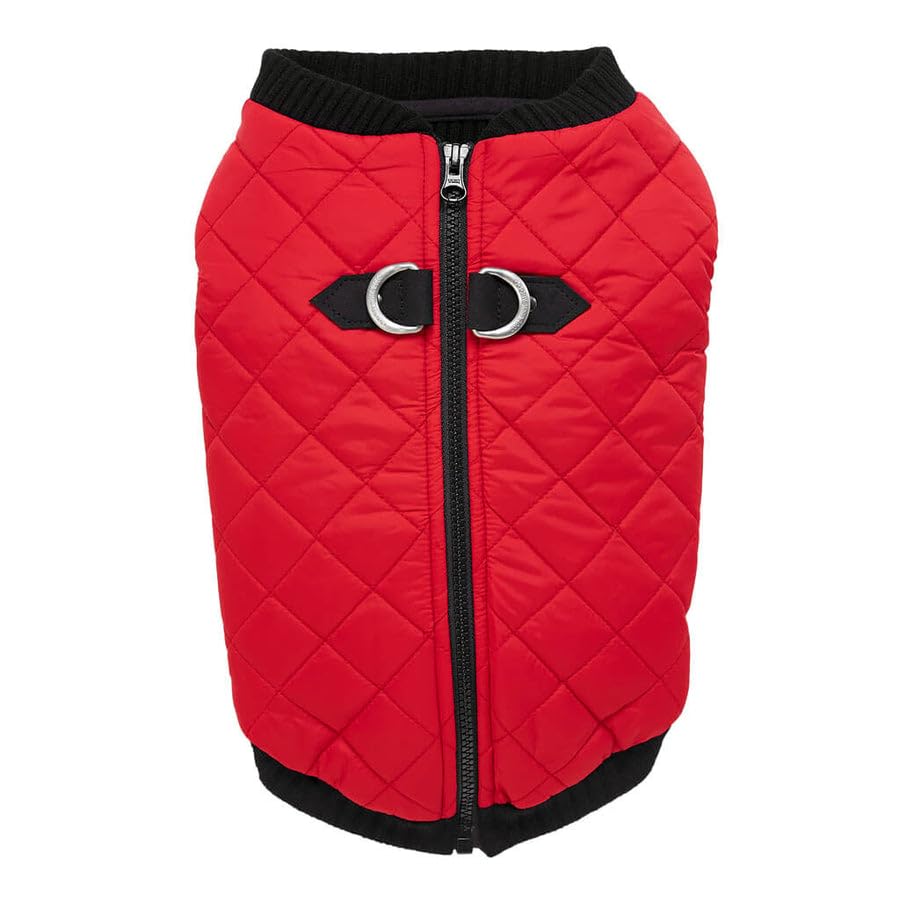 Image of Gooby Fashion Vest Dog Jacket, Red, Large | Quilted bomber, water-resistant; Stretch knit bottom; Dual D-ring leash; Pain-free zipper guard; Warm