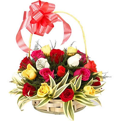 New Year Special Fresh Flowers Handle Basket Arrangement of 15 Mixed Roses || Bunch of 15 (Multicolour)-picture-20