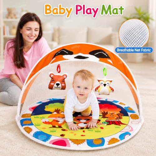 Image of Zest 4 Toyz Baby Play Mat Activity Centre My First Gym Foldable Laying Mat with Hanging Rattles Toys Washable Mat Gym for 6 Months Babies - Orange Made in India