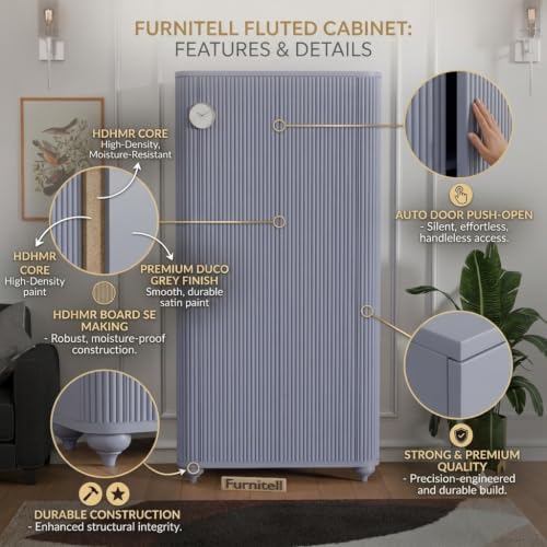Image of 2 Door Wardrobe Almirah for Bedroom, 72 Inch | Premium HDHMR Wooden Cupboard with Hanging Rod & Storage Compartments | Fluted Push-to-Open Clothes Organizer Cabinet | Grey Finish