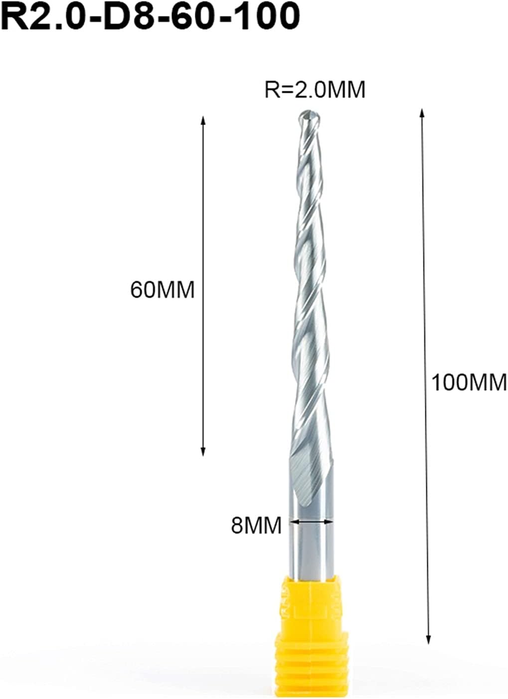 Hardware Milling Cutter 4pc HRC55 R0.5-R2.0xD8x60x100mm Tapered Ball End Mill With Tungsten Carbide Coating Tapered Cone Cnc Wood Milling Cutter (Dimensions : R1.5XD8X60X100mm)