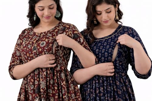 Image of Women's Maternity Kurti for Feeding Zippers | Feeding Kurti with Concealed Zip for Pre & Post Pregnancy |Maternity Dresses for Women (Combo Pack of 2 Kurti)