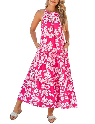 Image of GRACE KARIN 2026 Women's Floral Halter Maxi Dress Boho Summer Beach Sundress with Tiered Ruffle Skirt