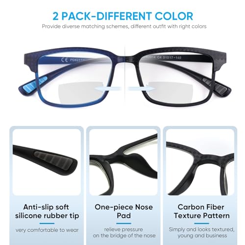 Image of CARA 2 Pack Premium Bifocal Reading Glasses for Men, Super Light TR90 Frame Women Small Line Computer Eyeglasses, Far and Near Dual-use Readers Black Blue 3.0x