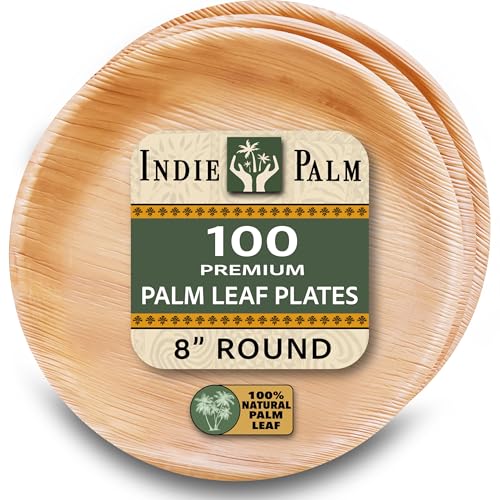 Indie Palm - Platos desechables de hoja de palma natural, redondos de 8 pulgadas [paquete de 100] - Alternativa ecológica 100% compostable al papel o al bambú - Resistentes - Perfecto para fiestas