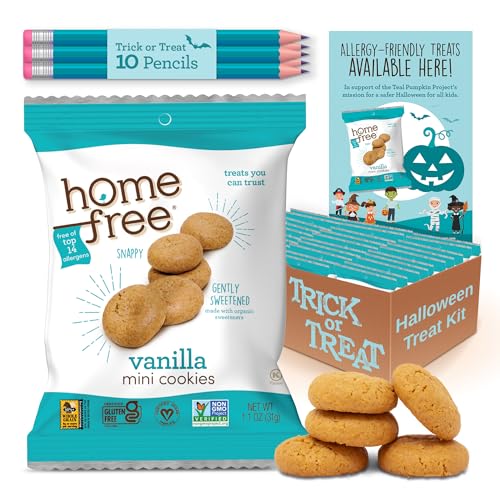 Homefree All-in-One Teal Pumpkin Project Kit For Halloween Trick or Treaters, 1 Yard Sign, 10 Pencils, and Vanilla Mini Cookies 1.1 Ounce (Pack of 30)