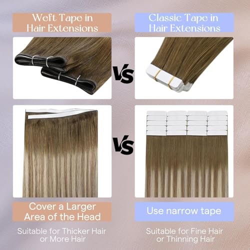 Image of Full Shine Genius Weft Hair Extensions, Ash Brown Blonde Ombre 20 Inch | 50g, Double Sided Tape in Hair Extensions Human Hair, Genius Weft, Natural Density, Wedding Styling, Smooth Movement