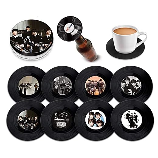 Retro Musique - Juego de posavasos de vinilo de 8 piezas con estaño y abridor de botellas magnético