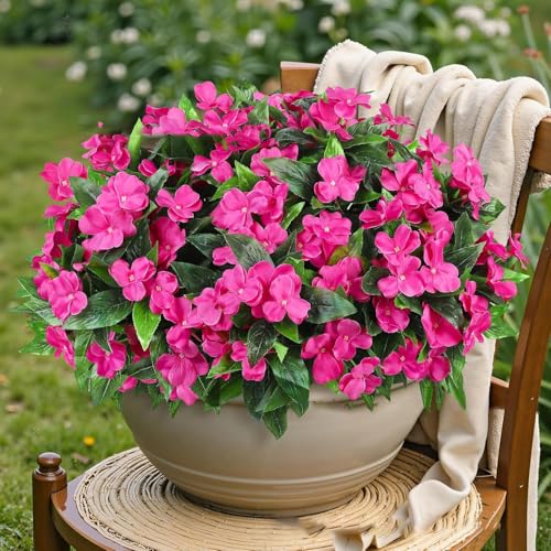 GORGOU 4 Pcs Artificial Impatiens Fake Flowers Bouquet for Outdoor Decor UV Resistant Faux Plants Silk Flower for Indoor Outdoor Planter Garden Porch Patio Window Box Home Decoration