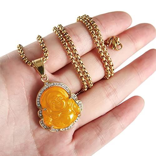 P.BLAKE Laughing Buddha Buddah Necklaces For Women Men, Ice Out Buddha Pendant For Men Women with Stainless Steel Gold Chain 24 inches