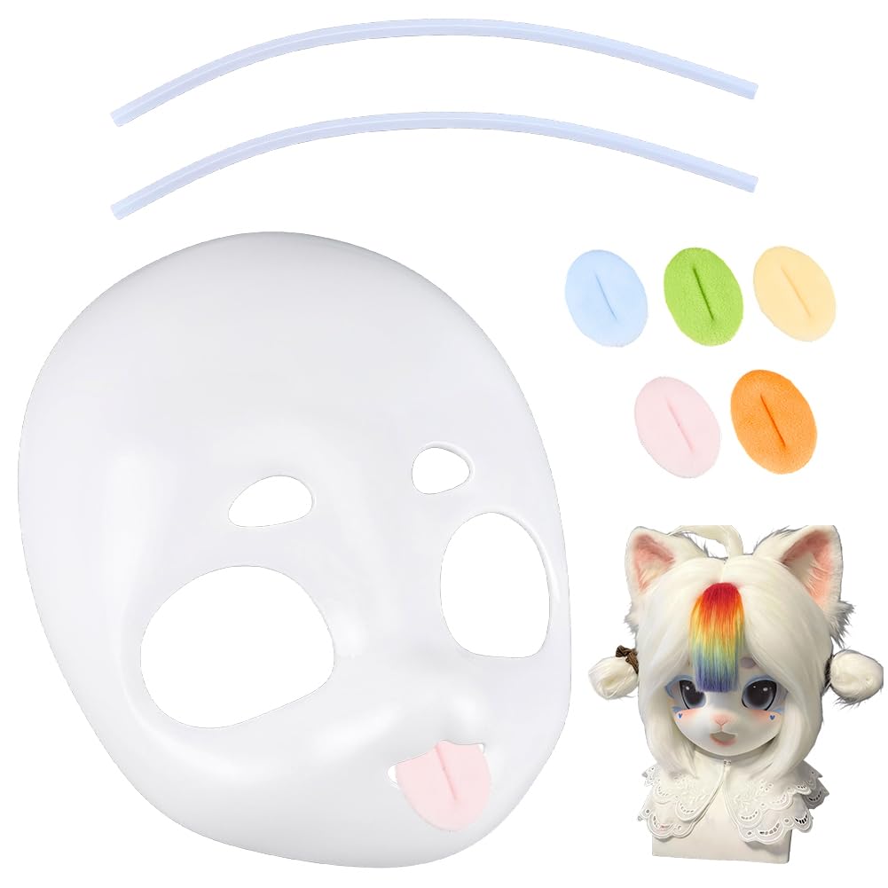 CRAFTYMELODY 1Pcs Fursuit Head Base Furry Therian Head Base White Blank 3D Printed Plastic with 5Pcs Polyester Craft Mouth 2Pcs Sticks DIY Costume Props for Kawaii Cosplay Halloween Party Favor