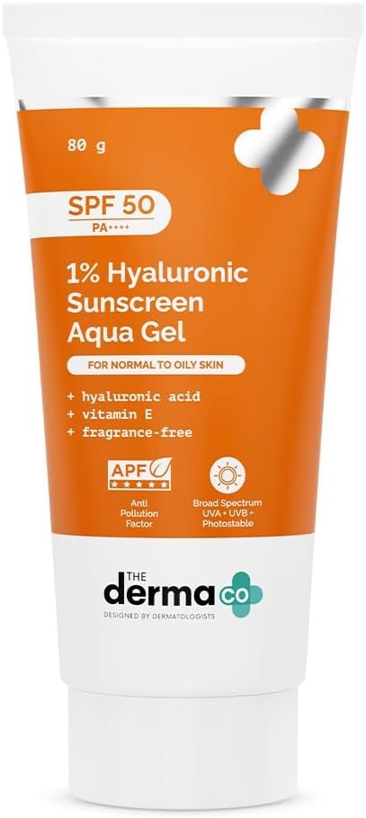 1% Hyaluronic Aqua Gel Sunscreen SPF 50 PA++++ with Vitamin E, Oil-Free, No White Cast | Broad Spectrum UVA/UVB, Blue Light & Anti-Pollution Protection, Fast-Absorbing & Hydrating, 80g