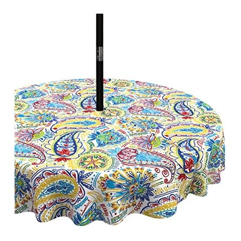 LVTXIII Outdoor Tablecloth with Umbrella Hole and Zipper, 60 Inch Water-Repellent Patio Table Cloth, Round Table Covers for Backyard Garden, Red Paisley Cover