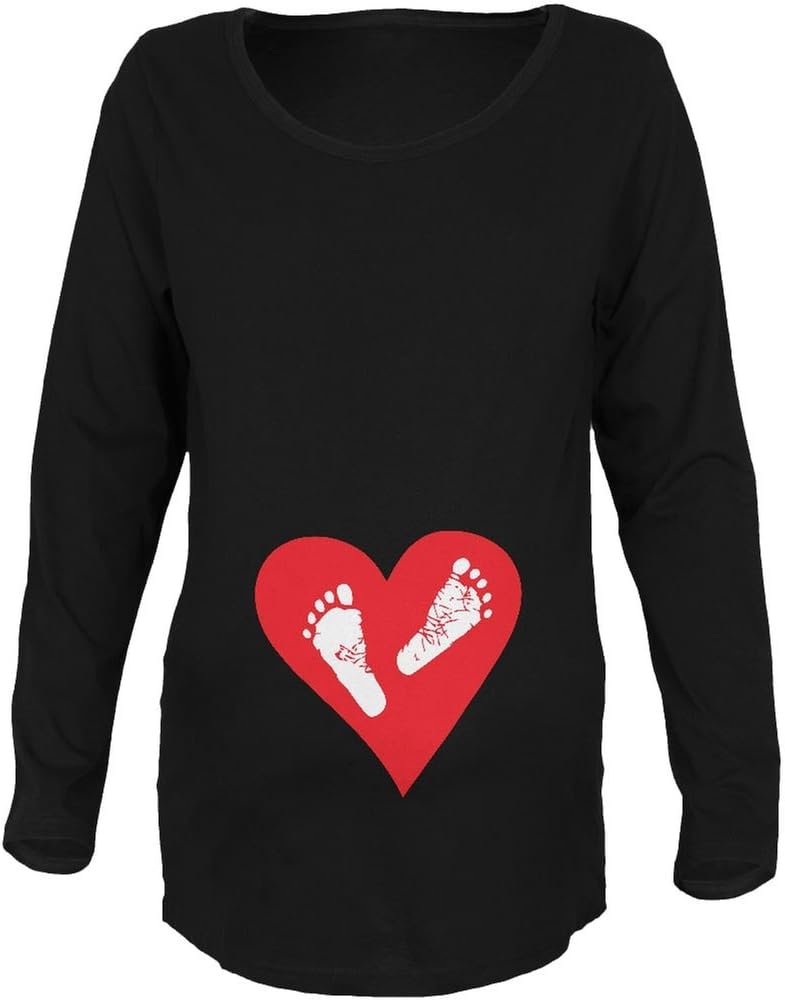 Old Glory Valentine's Day Heart Baby Feet Black Maternity Soft Long Sleeve T-Shirt - X-Large