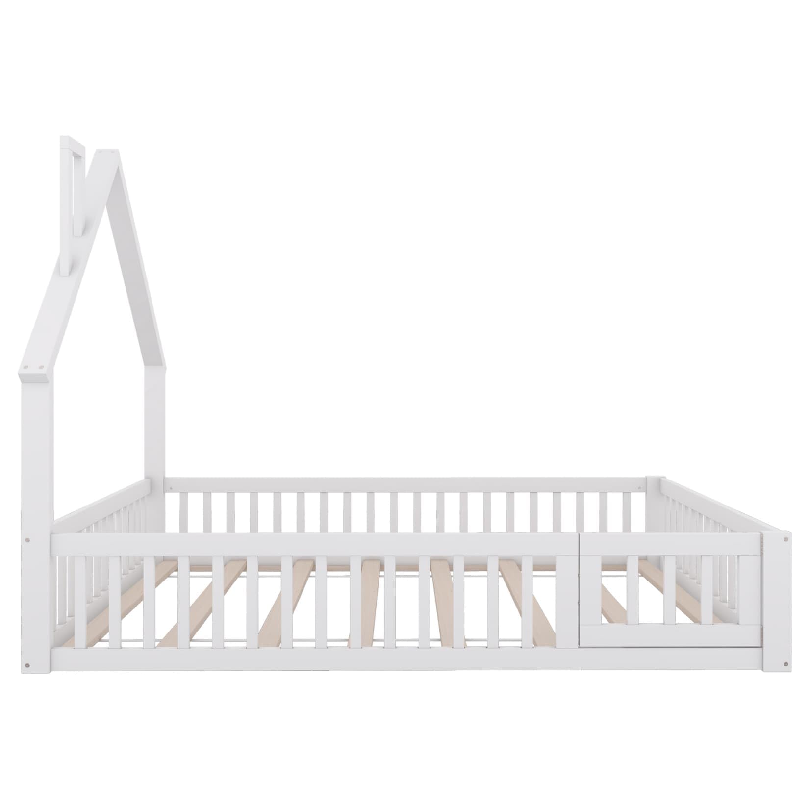 Lit Au Sol Enfant,Lit Cabane Enfant 140x200 avec Sommier à Lattes Solide,Porte,Barrière de lit,pour Enfants,Pin (Blanc, 140x200)